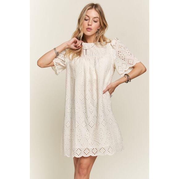 ADORA Ruffle Shoulder Eyelet Round Neck Scallop Edge Detail Mini Dress | Natural - Picture 3 of 8